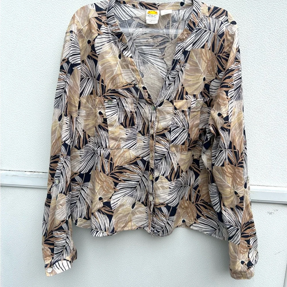 C&C California Linen Top Women XL Leaf Print Neutral Multi Button Front Resort - Picture 2 of 15